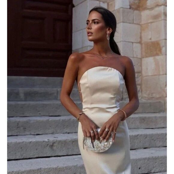 Zara Women Midi Dress XS Cream Satin Effect Crossed Strap strapless 2180/233 NWT - Picture 3 of 11